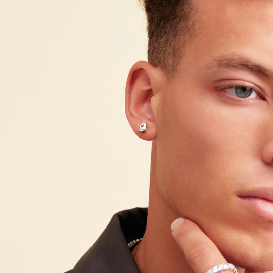 Emerald-cut rectangle stud earrings in a white gold finish