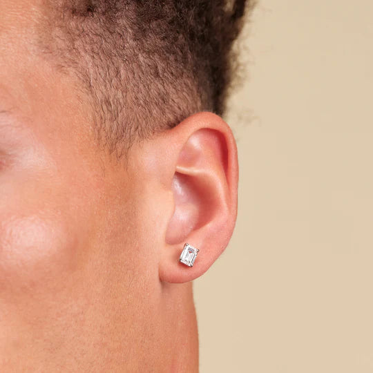 Emerald-cut rectangle stud earrings in a white gold finish