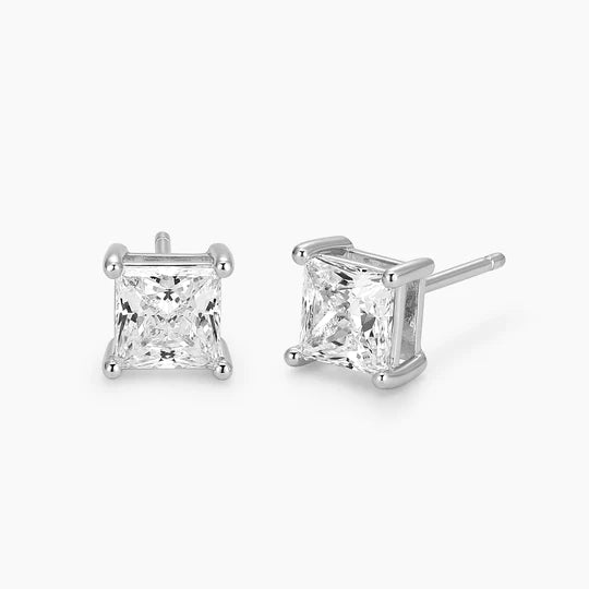 Princess-cut square stud earrings in a white gold finish