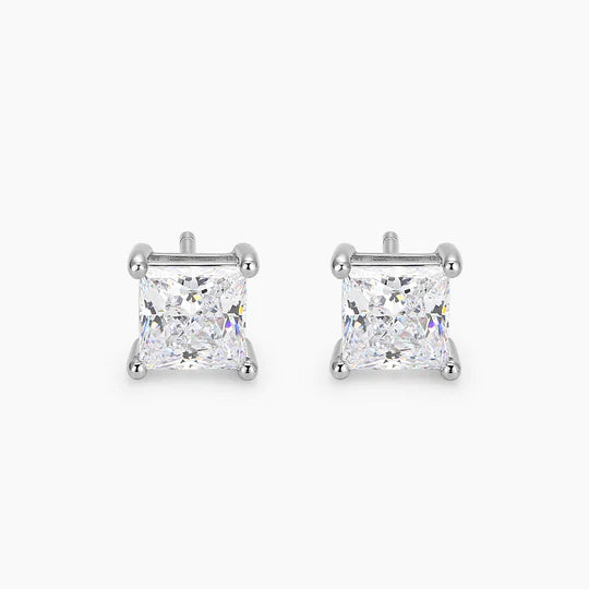 Princess-cut square stud earrings in a white gold finish