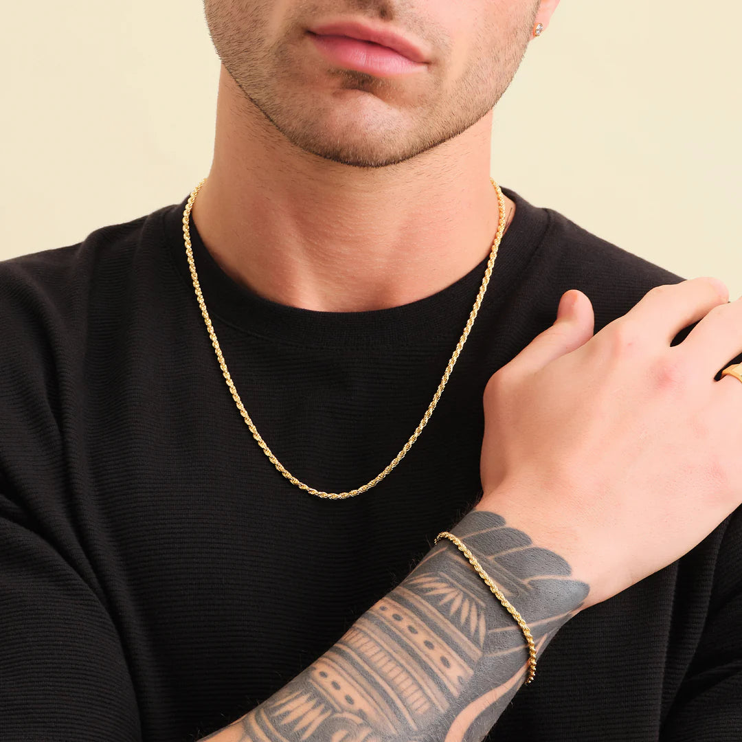 3mm rope chain and bracelet set in an 18k gold finish