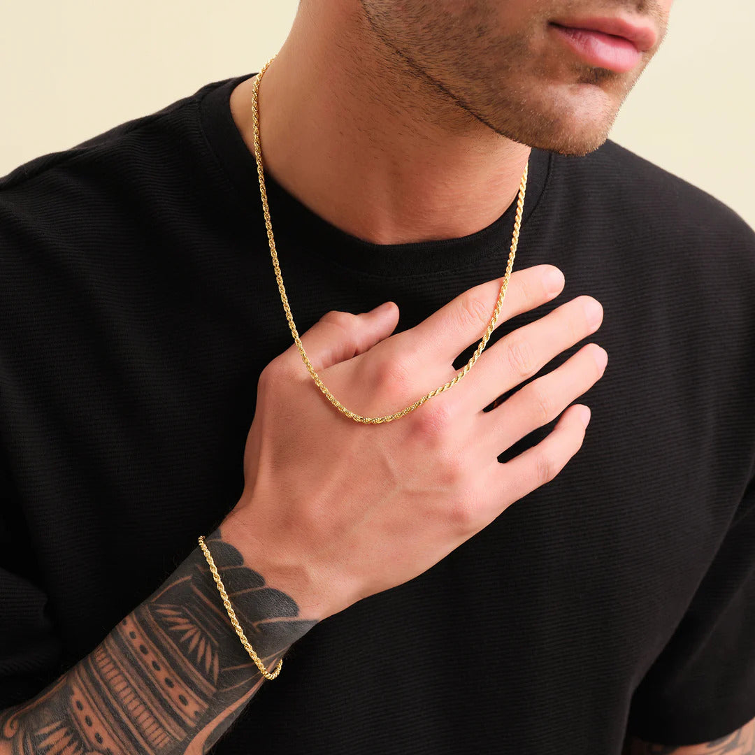 3mm rope chain and bracelet set in an 18k gold finish