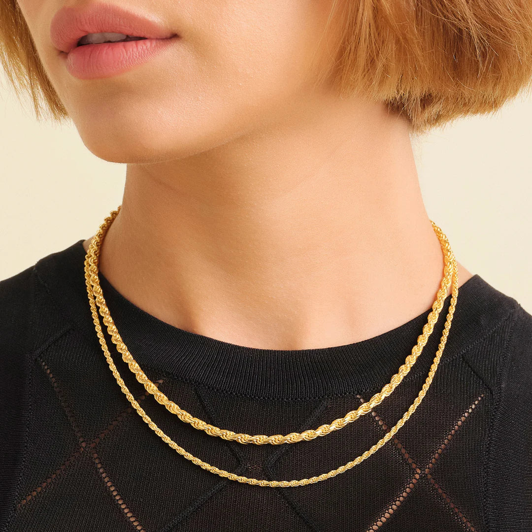 3mm and 5mm rope chain layering set in an 18k gold finish