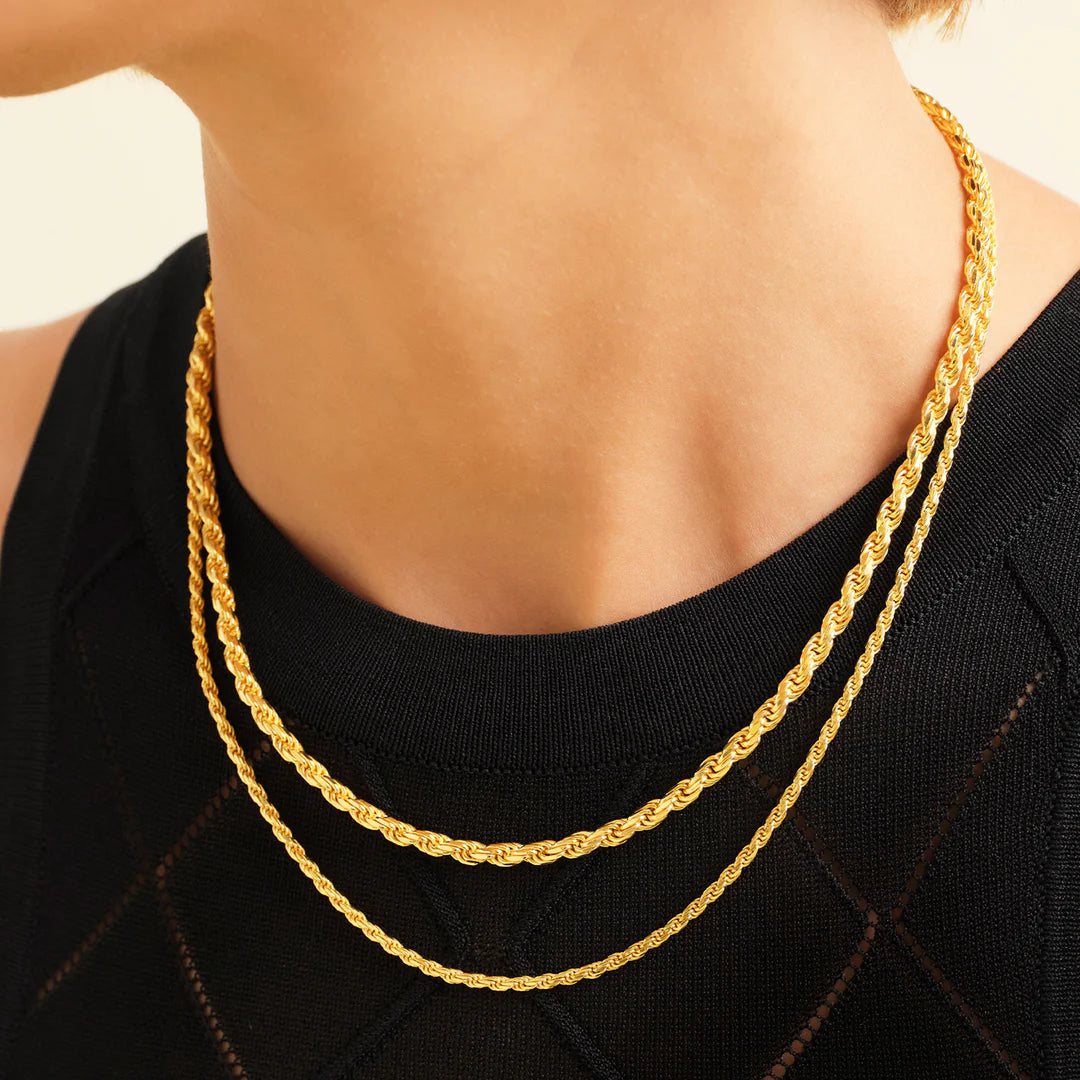 3mm and 5mm rope chain layering set in an 18k gold finish