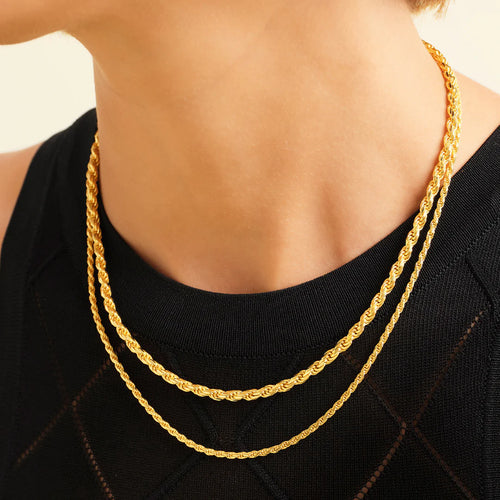 3mm and 5mm rope chain layering set in an 18k gold finish